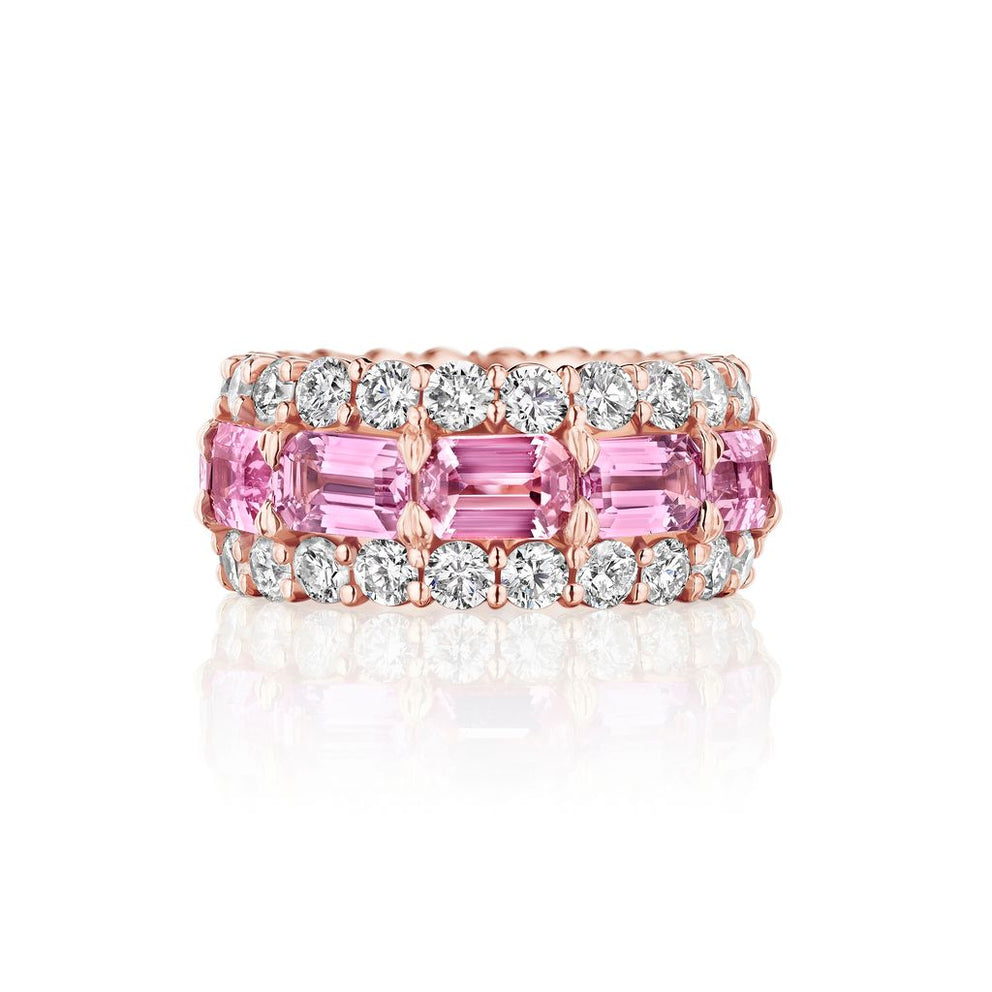 THREE ROW PINK SAPPHIRE AND DIAMOND BAND, 10.20 CARATS