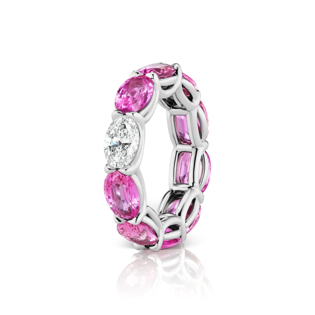 PINK SAPPHIRE AND DIAMOND ETERNITY BAND RING, 8.88 CARATS